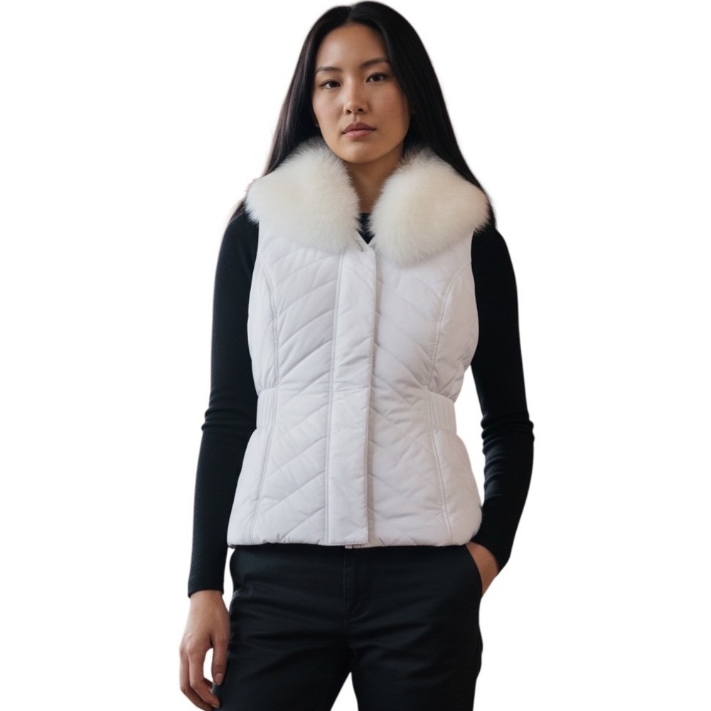 White House Black Market Faux Fur Trim Puffer Vest Quilted Cabin Cozy City Chic